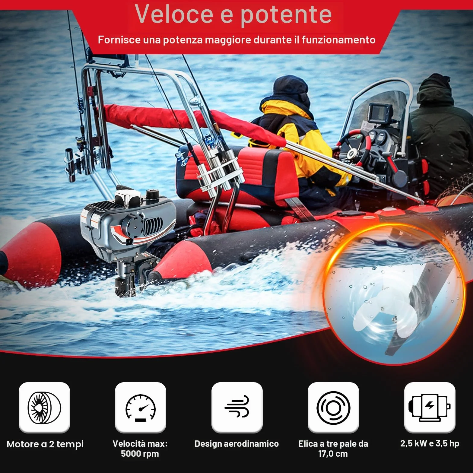 MINRS Motore fuoribordo a benzina, 3,5 Ps, 2 tempi, 49 cc, motore fuoribordo professionale, raffreddamento a mezza acqua, raffreddamento a metà aria, risparmio di carburante, avviamento manuale per