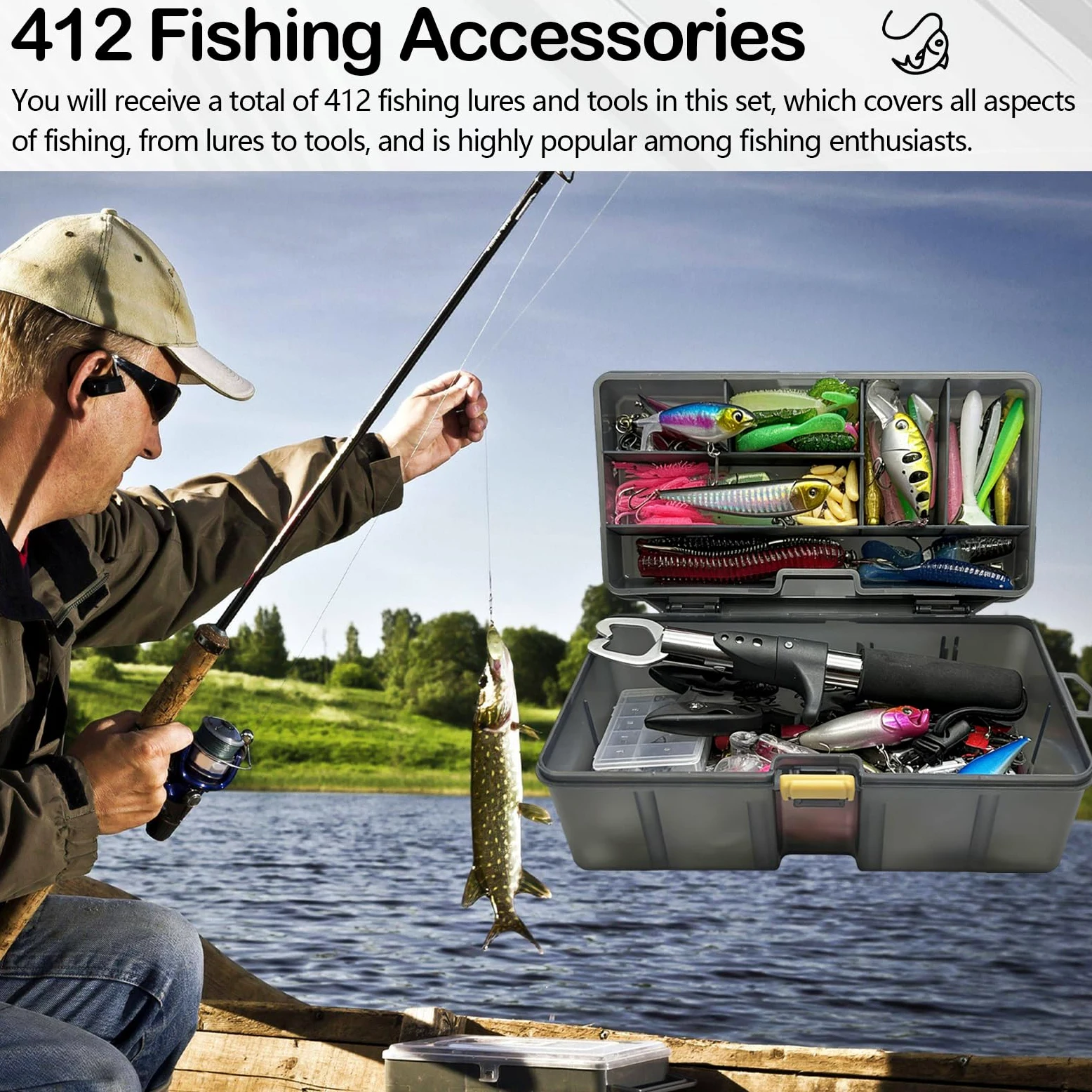 Pesca Accessori, 412 Pezzi Pesca Girevoli Kit Set di Esche e Attrezzi con Esche Pesi Ami Pinze Cassetta Degli Attrezzi con Accessori Gadget pescas Regali per Amanti