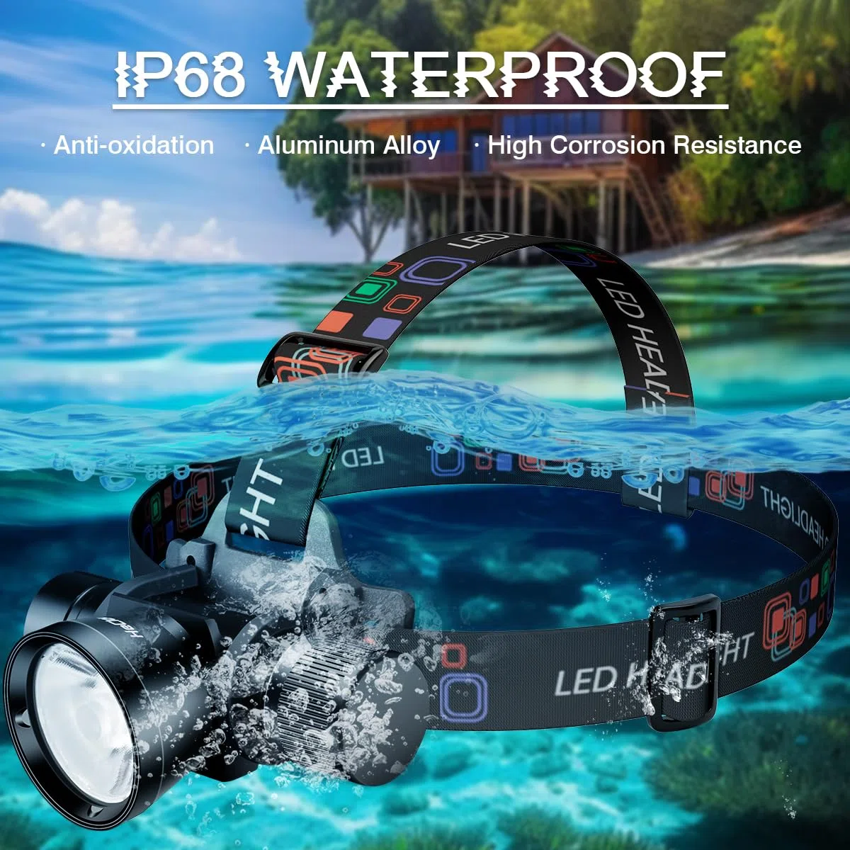 Torcia frontale subacquea da 3000 lumen, super luminosa, IP68, impermeabile, ricaricabile, con 3 modalità, perfetta per immersioni, snorkeling notturno ed esplorazione subacquea