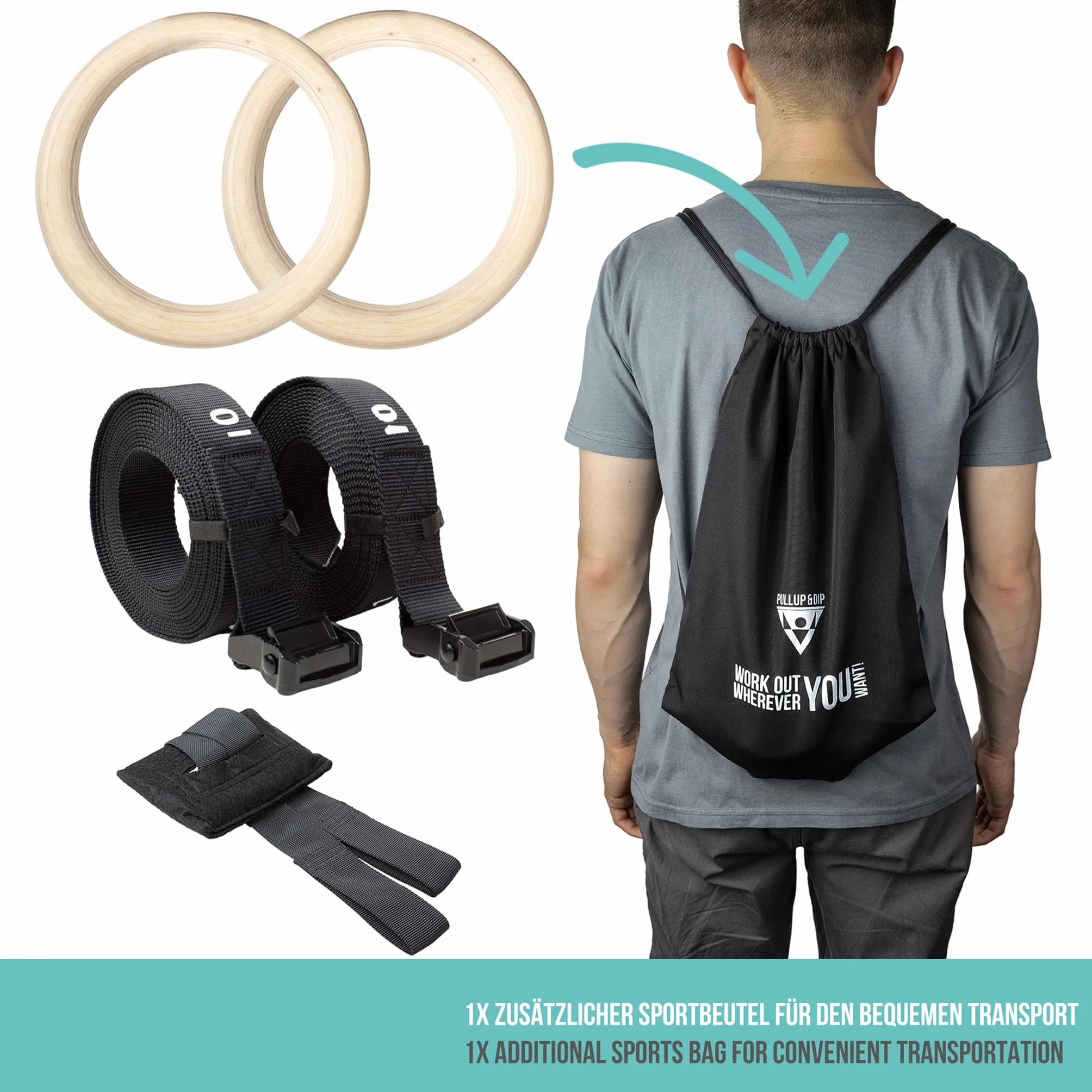 PULLUP & DIP Anelli da Gimnastica in Legno, Fitness Anelli Fitness Palestra per Calisthenics e Atletica, Gym Rings con Ampie Cinghie con Segni + Borsa Trasporto + Guida Allenamenti
