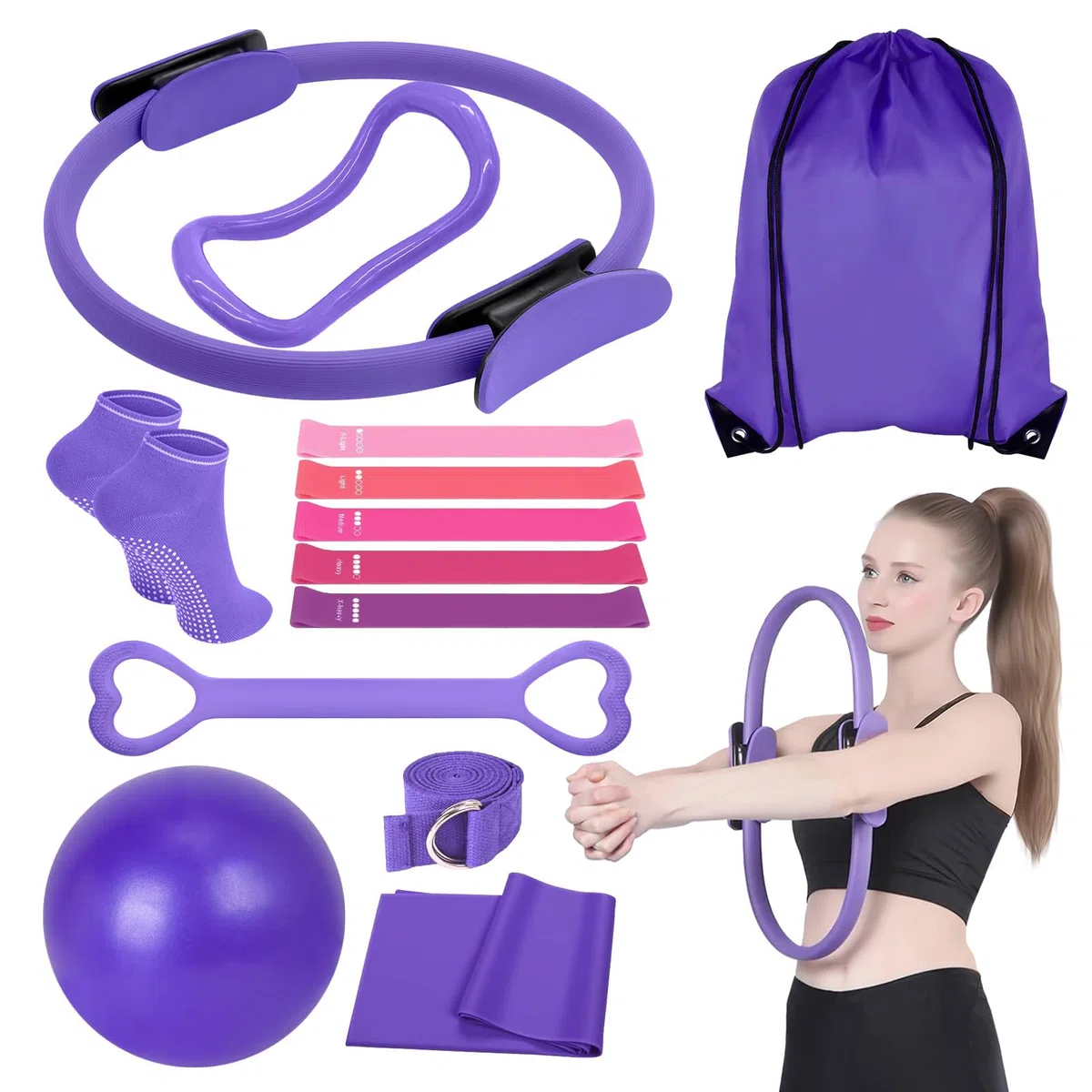 13 Pezzi Pilates Essential Kit: Attrezzatura Pilates Completo Esercizi Glutei Casa - Set Allenamento Casa Palestra per Donne