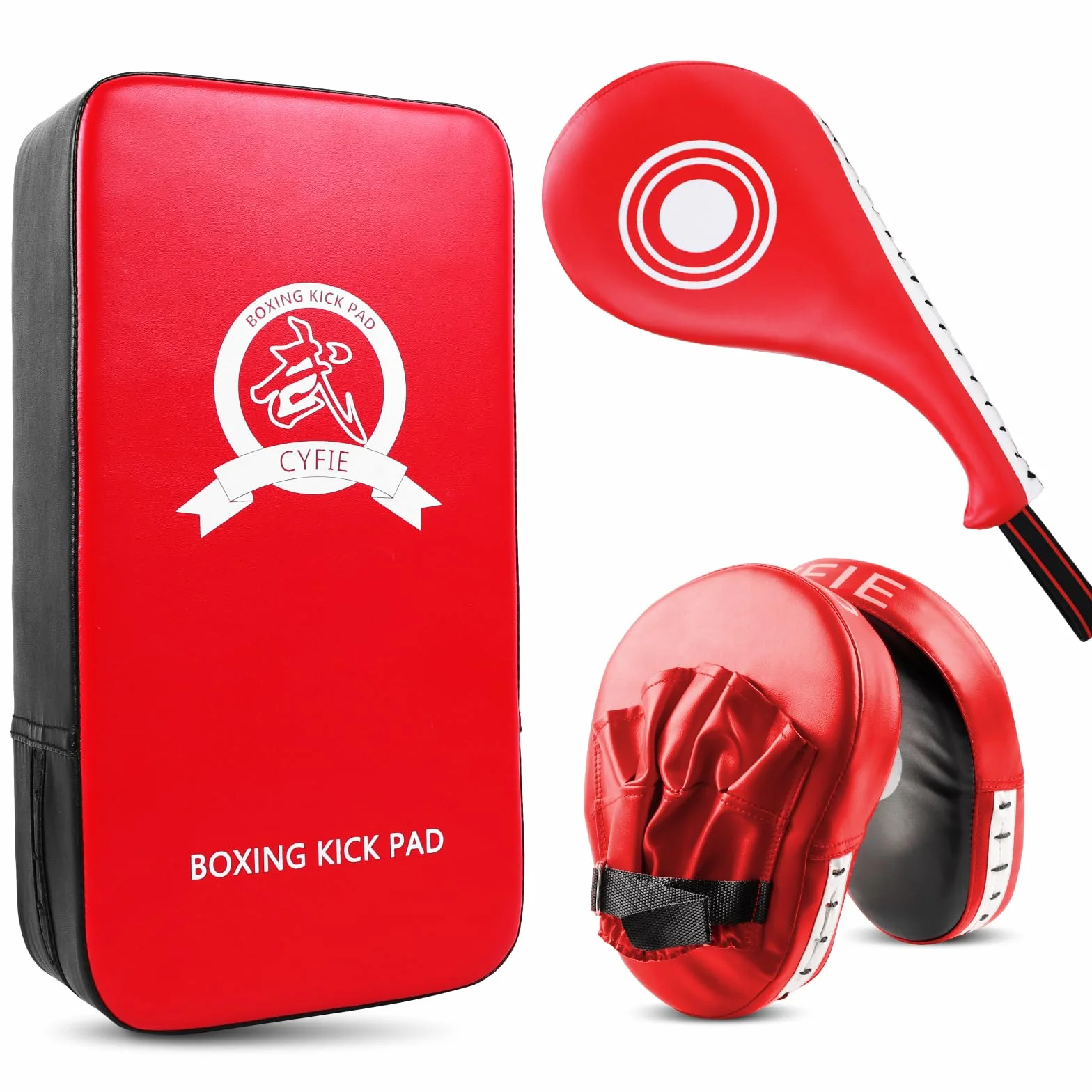 DEWEL Kit da Boxe con Un Paio di Guantoni da Boxe, Un Pad Boxe e Un Colpitori Taekwondo,per L'allenamento Boxe di Karate, MMA, Kickboxing, Karate, Muay Thai, MMA, Wushu eec (4 Pezzi,Rosso)