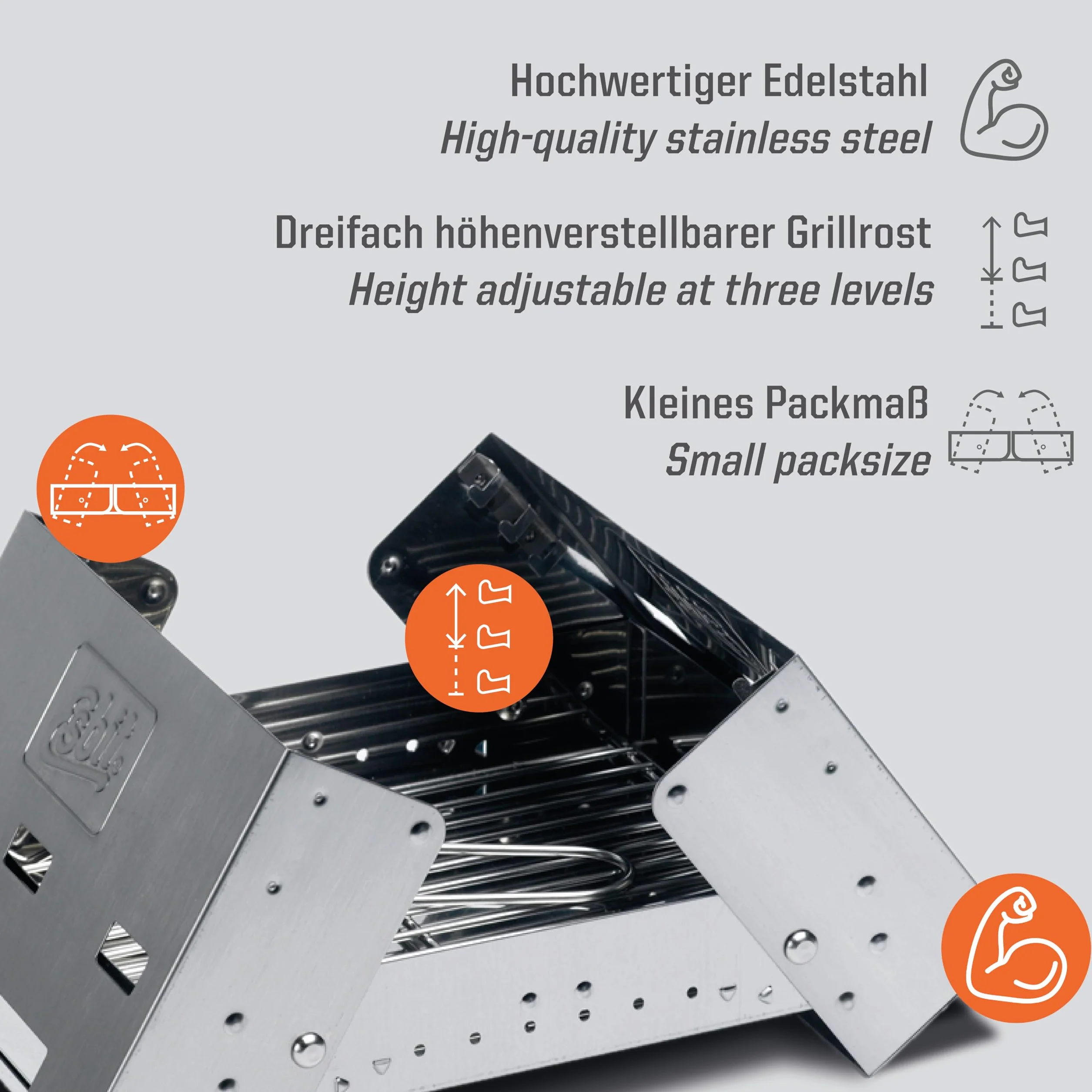 Esbit Griglia a Carbonella BBQ300S | Acciaio Inox | 3 Niveles | Cucina da Trekking | Accamparsi | Grigliate all'aperto