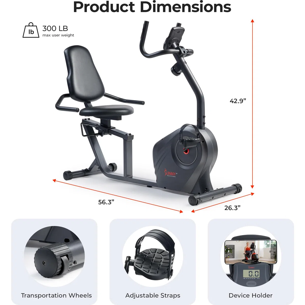 Sunny Health & Fitness Cyclette Orizzontale per a Basso Impatto Cardio | App SunnyFit, Resistenza Magnetica a 8 Livelli, Sedile Regolabile, Sensori Cardio, Portata Fino a 120 kg
