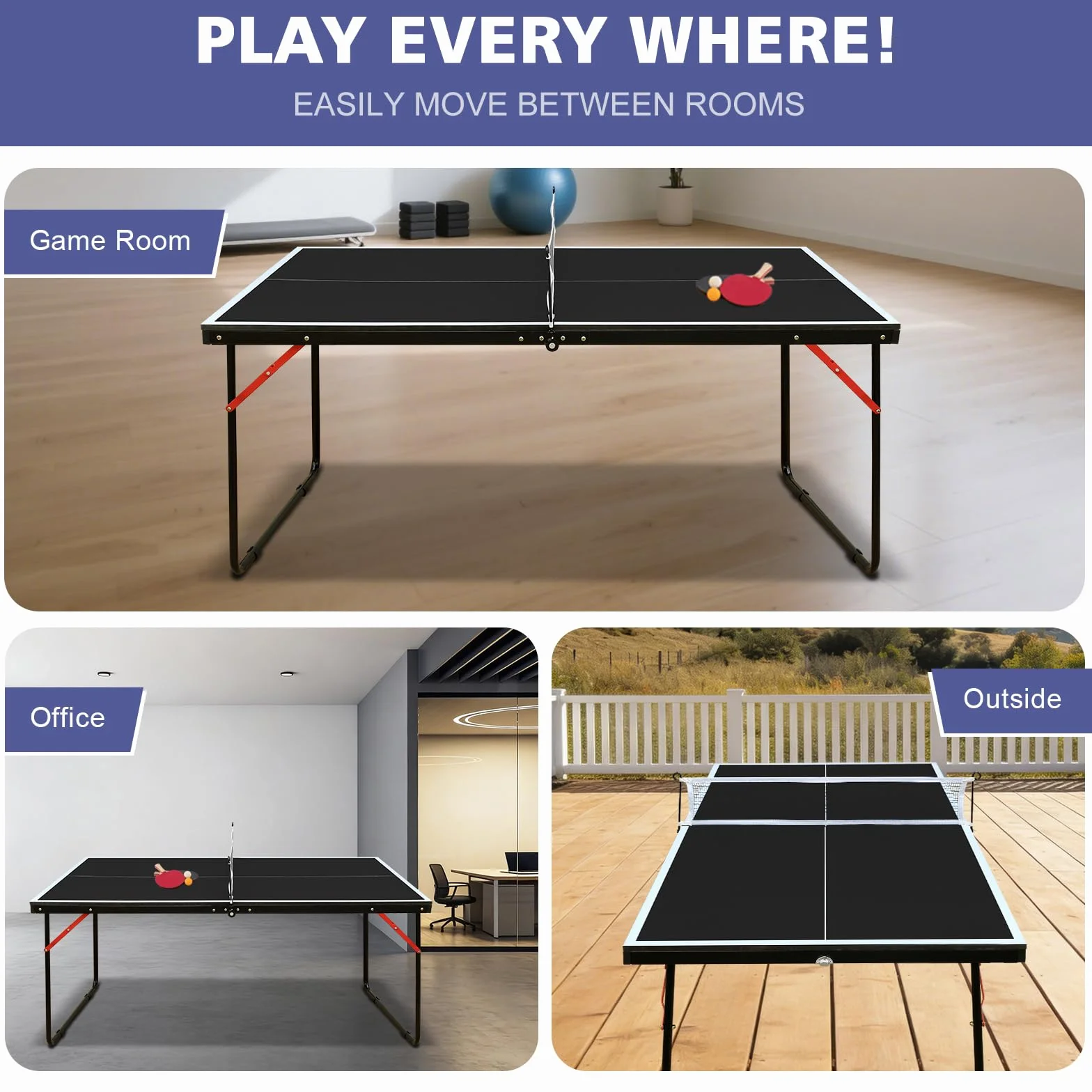 Tavolo da Ping Pong Pieghevole in MDF, Interno ed Esterno, Nero, 137.2 cm