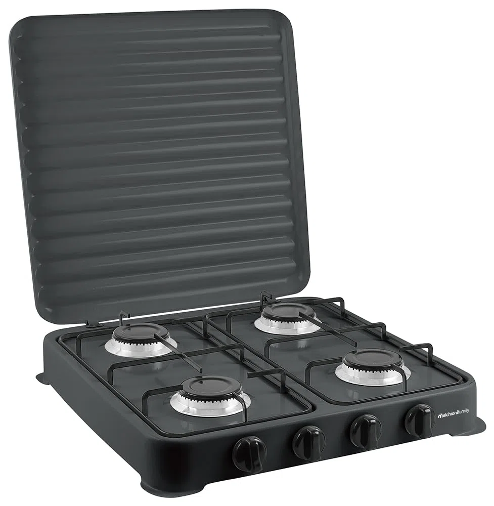Melchioni Family | Fornello a Gas Modello MINERVA NEW, Quattro Fuochi, Colore Nero, per Utilizzo Esterno, con Griglia e Fuochi Rimovibili e Coperchio