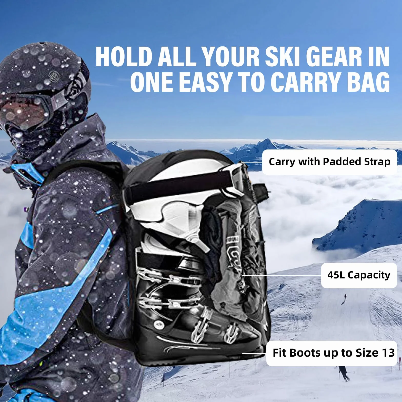 AUMTISC Borsa per scarponi da sci con scomparto per casco e cinghie 45L-65L