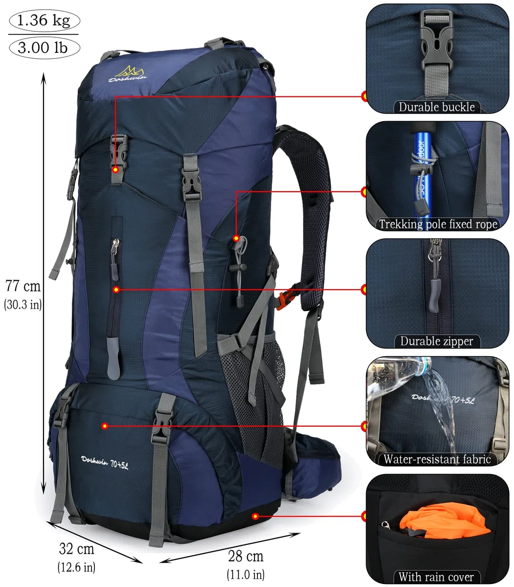 70 + 5L Zaino da Campeggio Trekking Escursionismo Viaggio (con Parapioggia)