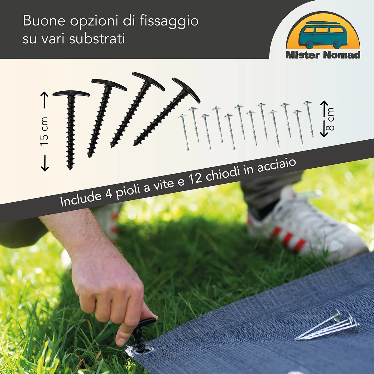 Mr Nomad stuoia campeggio 3,0 m x 2,5 m - tappeto da campeggio blu/grigio in polietilene, pavimento ideale per veranda con borsa per il trasporto, 4 picchetti a T e 12 chiodi in acciaio