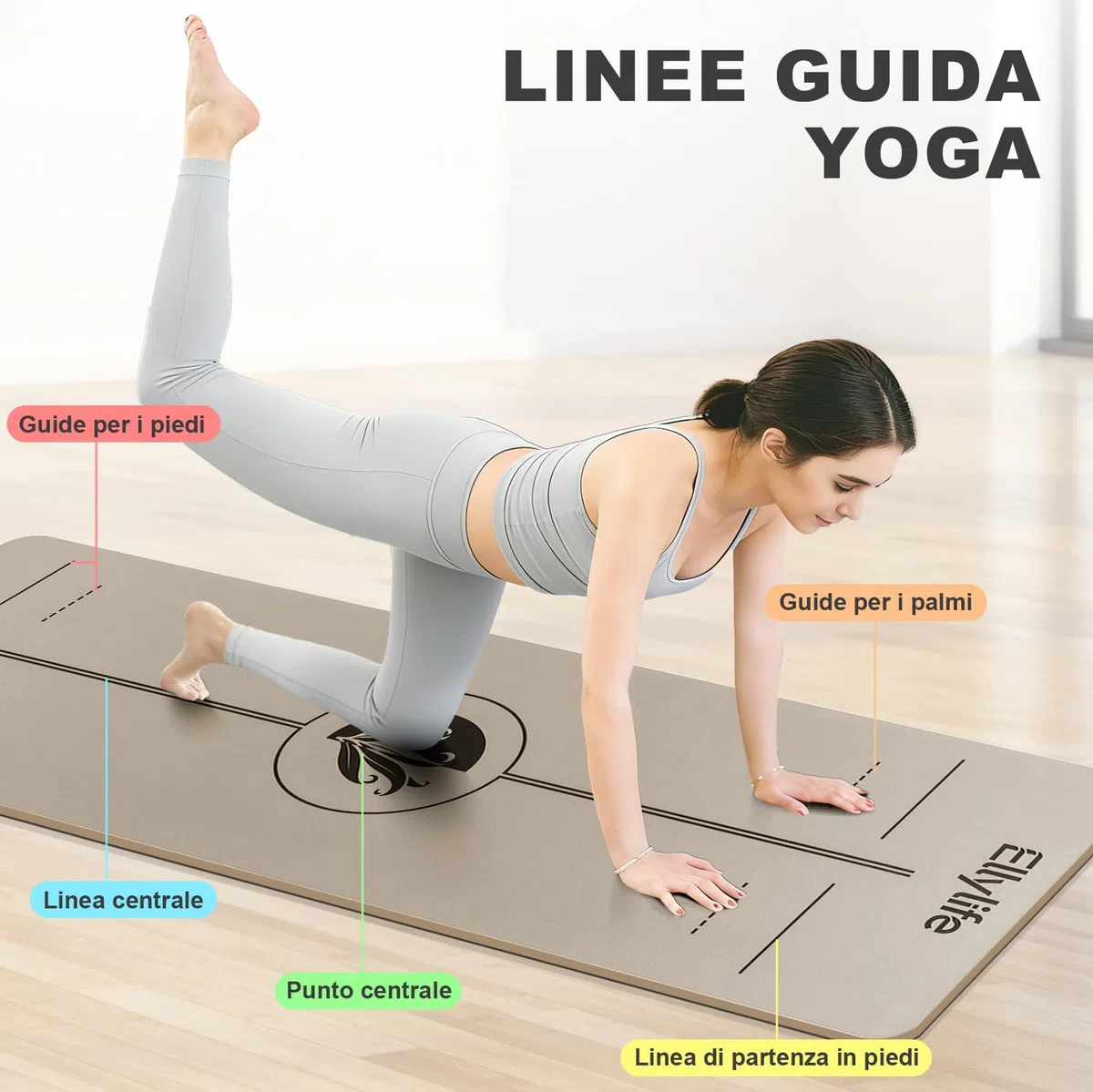 Tappetino Yoga Antiscivolo Spesso, con segni di allineamento del corpo, Gomma naturale + TPE ecologico o PU, Delicato sulla pelle, Forte presa, con Cinghia, per Yoga, Pilates e Fitness