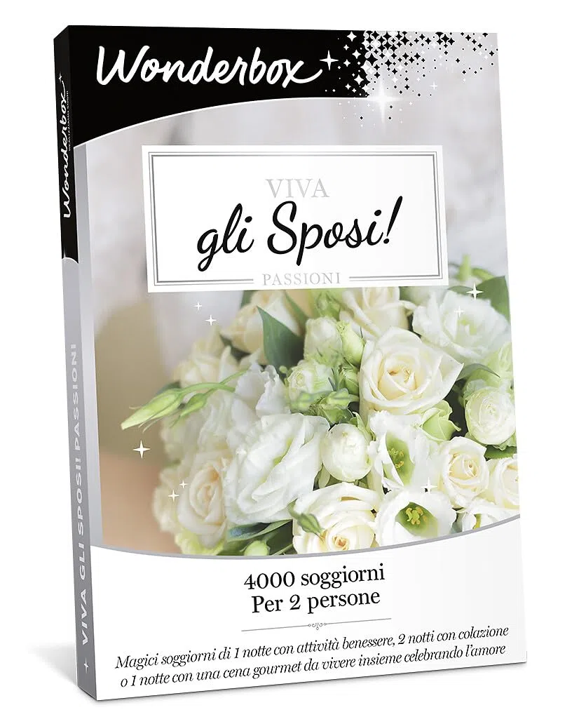 WONDERBOX - Cofanetto Regalo - Viva Gli Sposi - Passioni - per 2 Persone | 1 notte con attività benessere o cena gourmet o 2 notti con colazione - Più di 4000 esperienze - Regalo di matrimonio e nozze