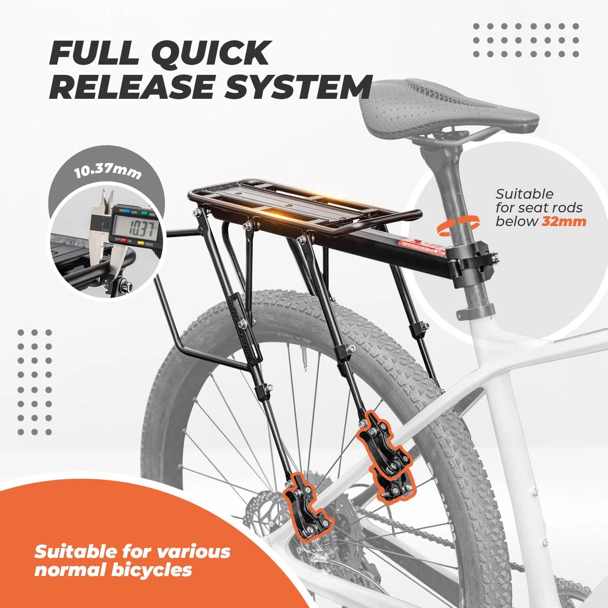 ROCKBROS Portapacchi Bici Lega di Alluminio, Portapacchi Bicicletta Posteriore Universle, Design a Sgancio Rapido, Supporto Regolabile per MTB, Carrier Rack con Riflettore, 24-29 Pollici