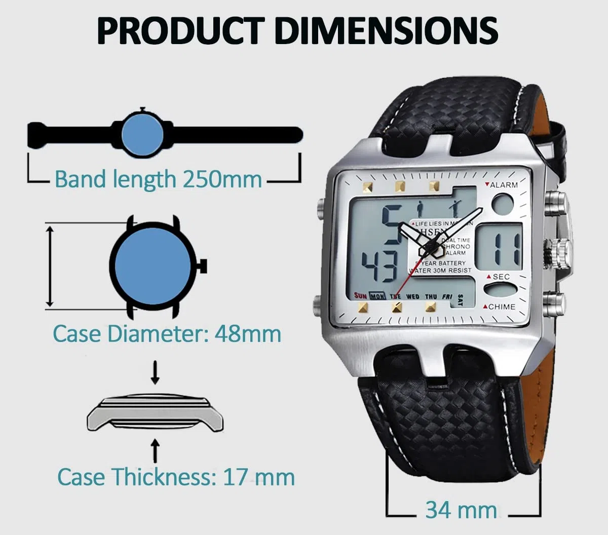 ShoppeWatch Orologio sportivo da arbitro da uomo, grande quadrante quadrato a LED, doppio fuso orario, analogico, digitale, con quadrante luminoso, cronometro, cinturino in pelle, per Hombre
