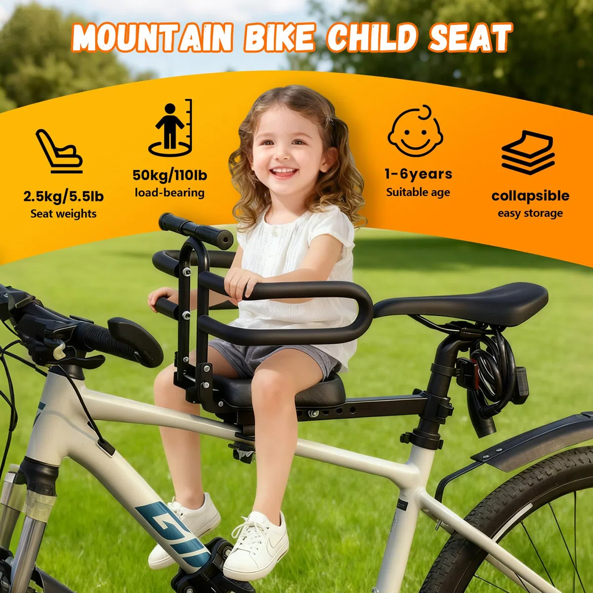 auvstar Seggiolino Anteriore per Bicicletta per Bambini,Seggiolino per Bici da Mountain Bike,Pieghevole E A Sgancio Rapido per Bambini da 1 A 6 Anni,Adatto per Mountain City Bike
