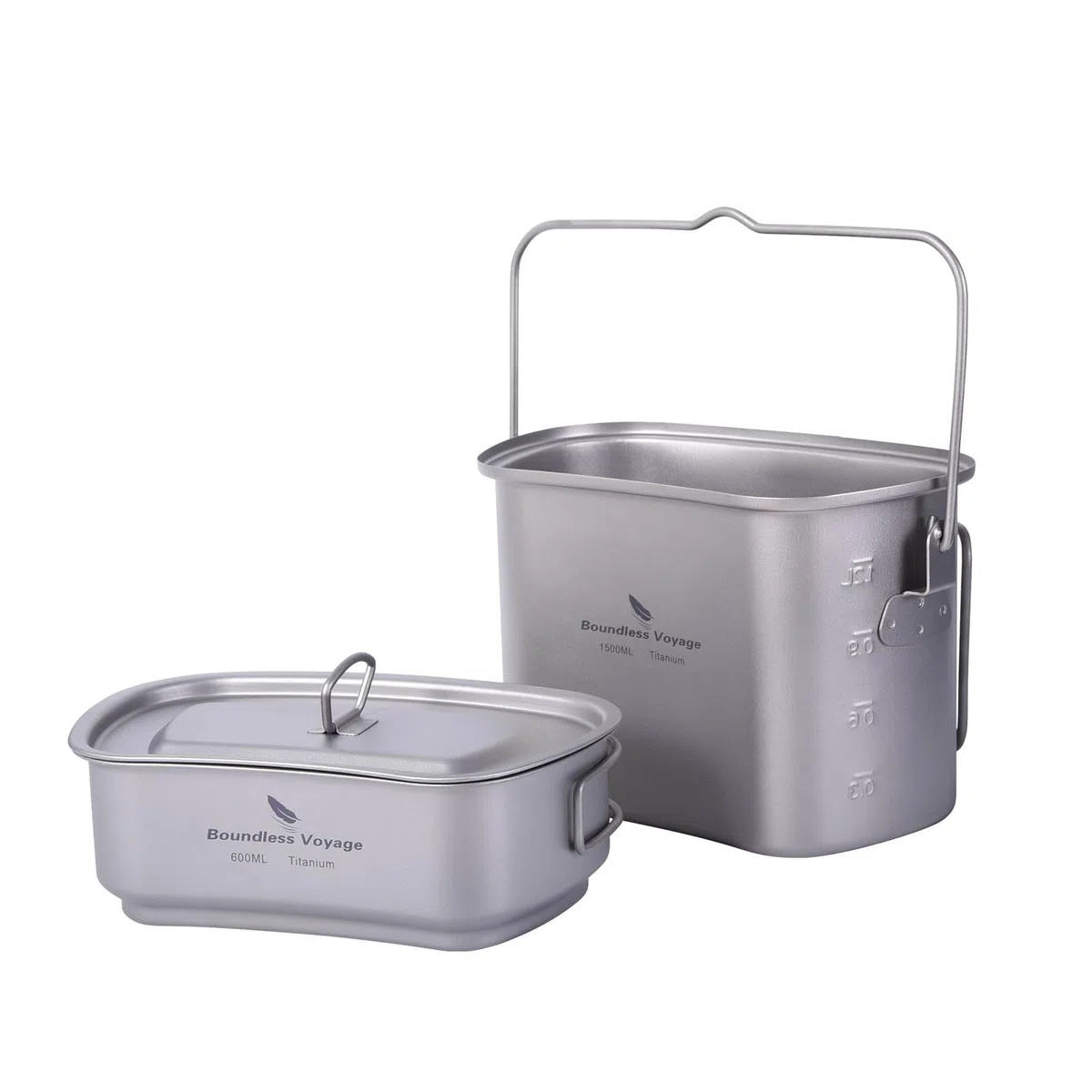 iBasingo Bicchiere da Campeggio in Titanio Pentole Set di Utensili da Cucina Stoviglie Portatili Leggere da Esterno Latta da 1500ml Ciotola da 600ml con Coperchio e Manici Pieghevoli per 1 Persona