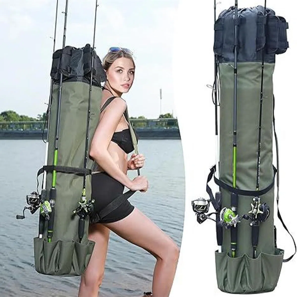 Sarini Borsa per Canna da Pesca Borsa da Trasporto per Attrezzatura da Pesca Portatile all'aperto Borsa per Attrezzi da Pesca con 5 portacanne
