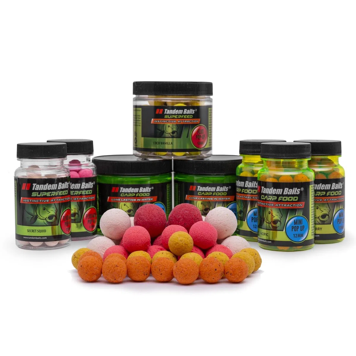 Tandem Baits Set di 8 Carp Pop Up Boilies Fishing Box XL | Fluo Pop Up 16mm | Perfection Pop Up 16mm | Mini Pop Up 12mm | Fluo Mini Pop Up 12mm | Carpfishing Pesche Pesca Accessori Set Up