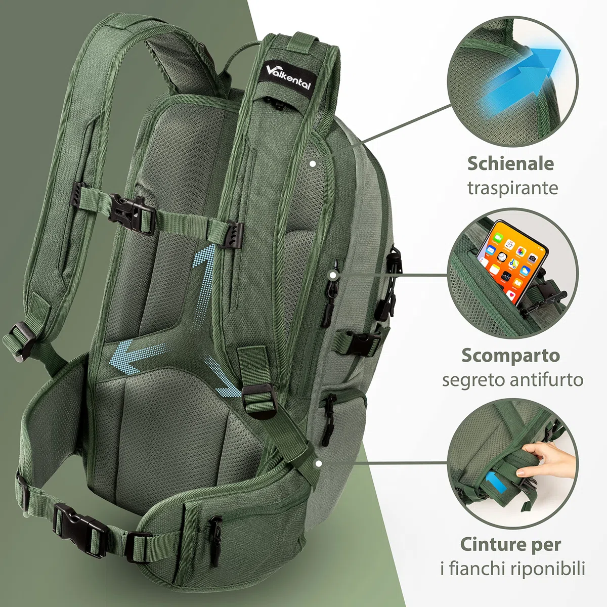 Valkental - Zaino di Alta Qualità e Sostenibile con Cinture Fianchiali Riponibili | 22L | Espandibile con Marsupio - Perfetto per Escursionismo, Trekking, Ciclismo e Attività all'Aperto