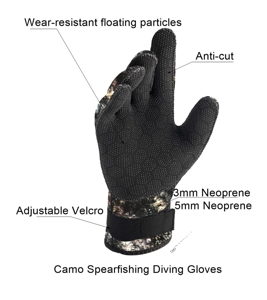 Guanti da sub mimetici con cintura fibbia, guanti for pesca subacquea, immersioni, snorkeling, sport acquatici, surf, pagaiata