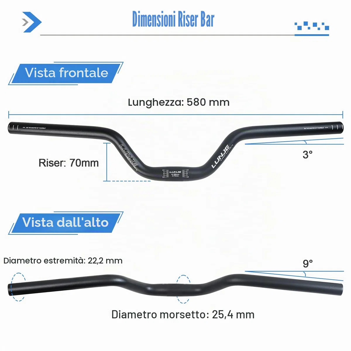 Manubrio per Bicicletta 25,4 * 580mm in Lega di Alluminio Manubrio bici 70mm Riser Bars per Bici da Strada Mountain Bike MTB