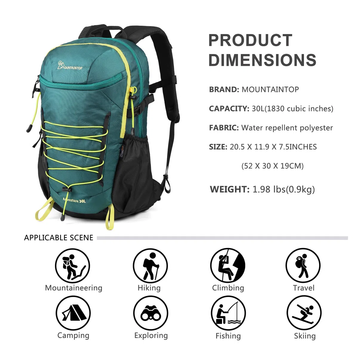 MOUNTAINTOP Zaino da escursionismo, 25/30 l, zaino da campeggio, unisex, zaino da trekking leggero da viaggio per arrampicata
