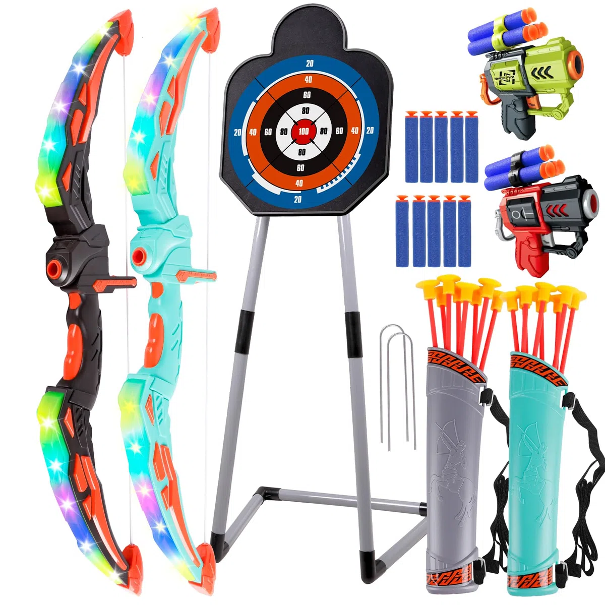 Set da 2 Archi e frecce per Bambini con luci a LED, Giocattolo Luminoso per tiro con L'Arco per Bambini, Giocattolo per Interni ed Esterni per età 3-12, Regalo per Ragazzi e Ragazze