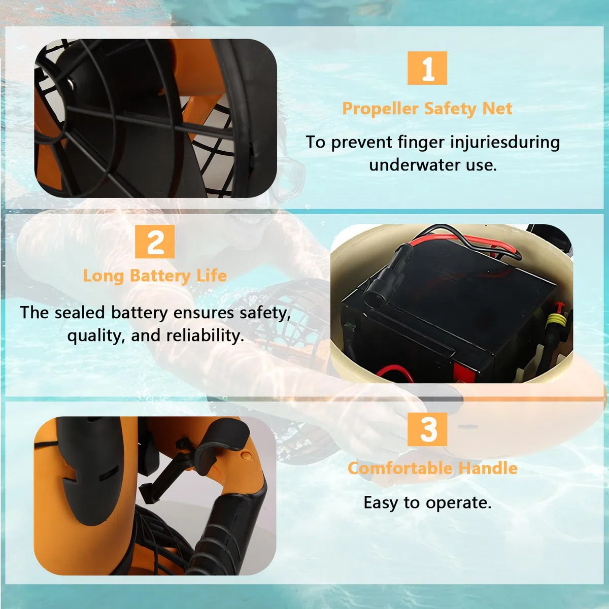 Monopattino subacqueo con Motore 500W, 22m di profondità Massima & Controllo velocità Variabile, per Piscina Immersioni Snorkeling Attrezzatura Sportiva 1Battery