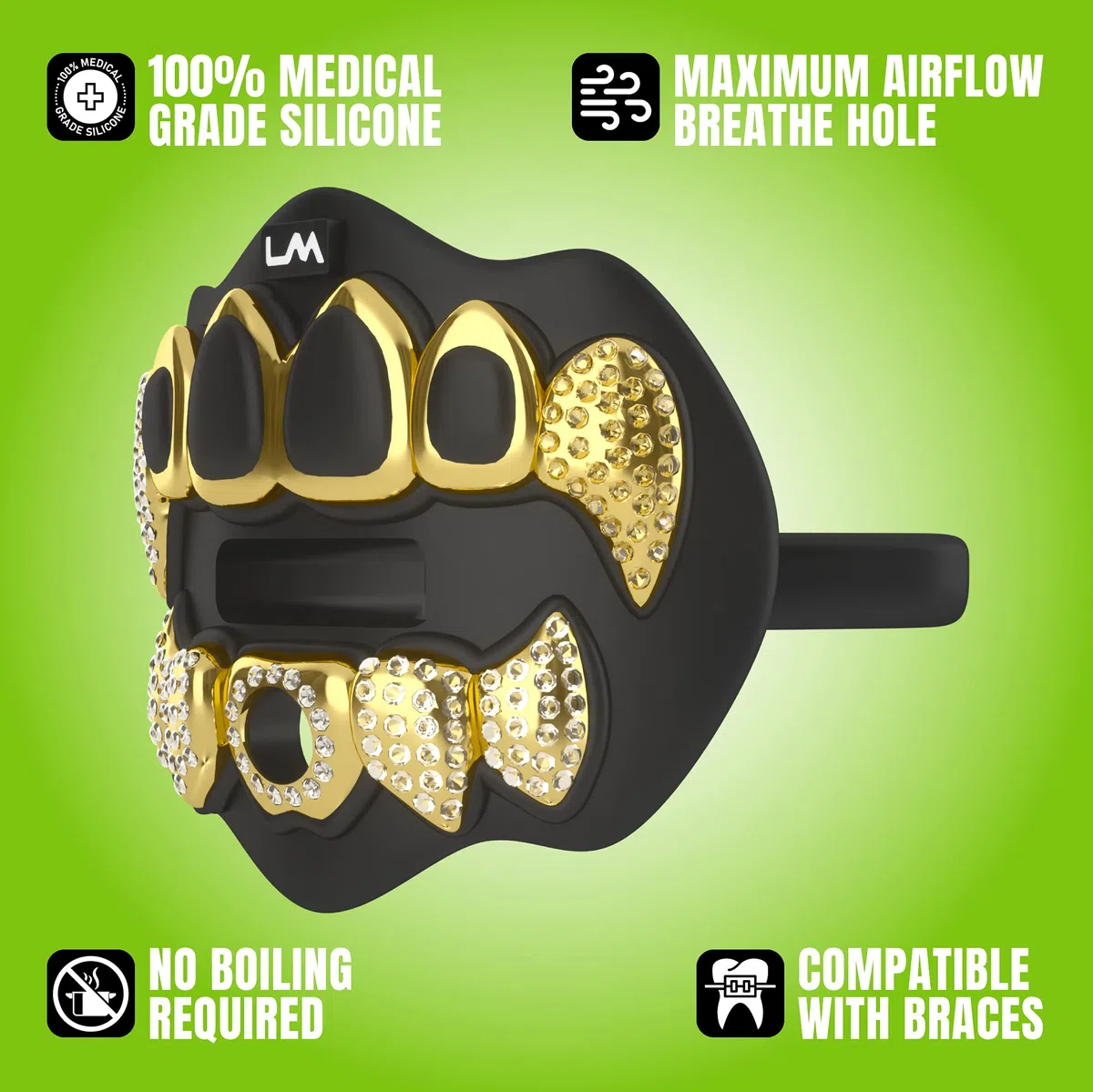 Loud Mouth Paradenti per calcio | 3D Chrome Grillz - Paradenti per adulti e giovani, protezione per labbra e denti (3D Grillz Bling - Cromo Nero/Oro)