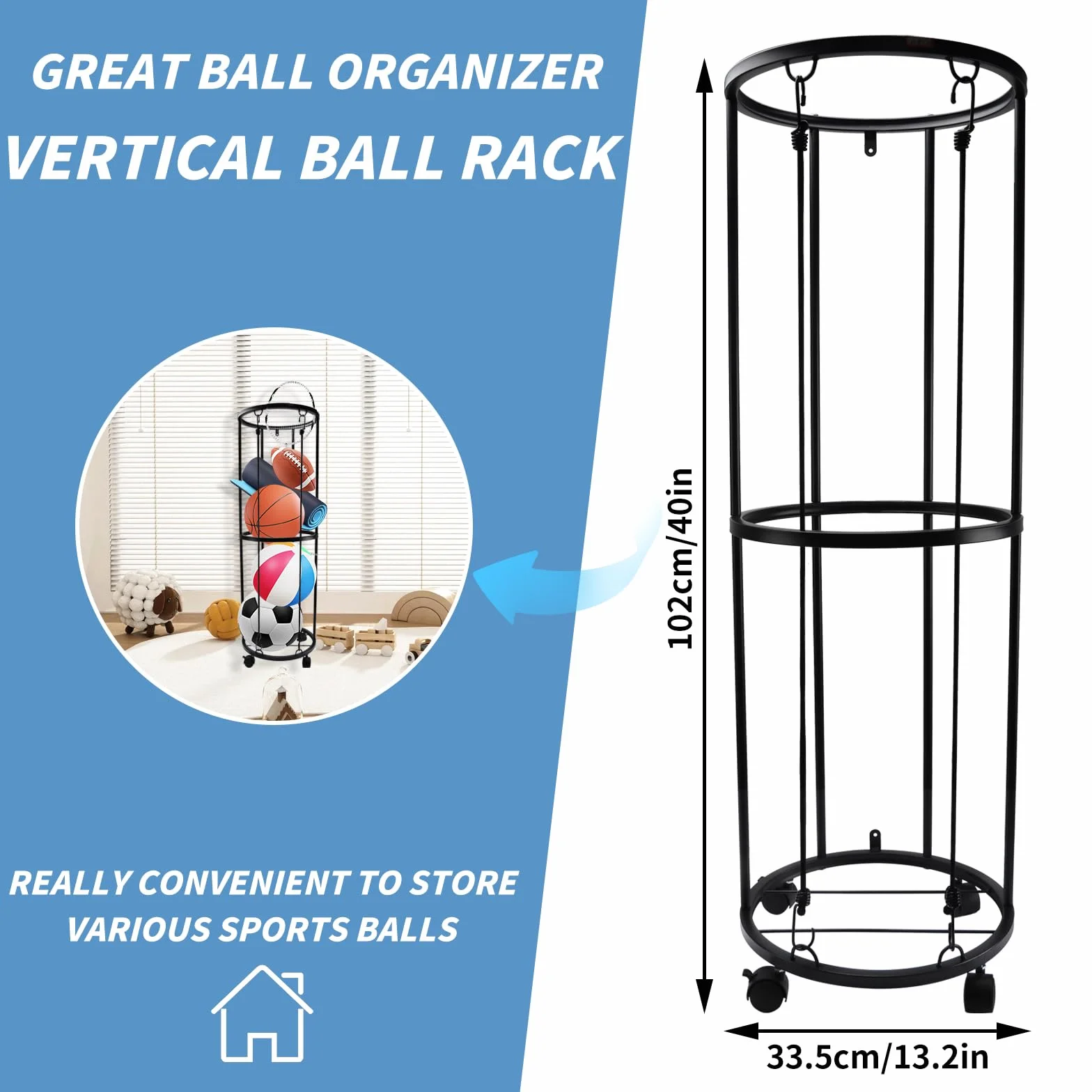 Rastrelliera da Basket, Portapalle per Calcio, Scaffale di Stoccaggio di Attrezzature Sportive, Scaffale per Palloni con Rotelle per Palloni Sportive per Basket, Calcio, Pallavolo, 33.5x33.5x102cm