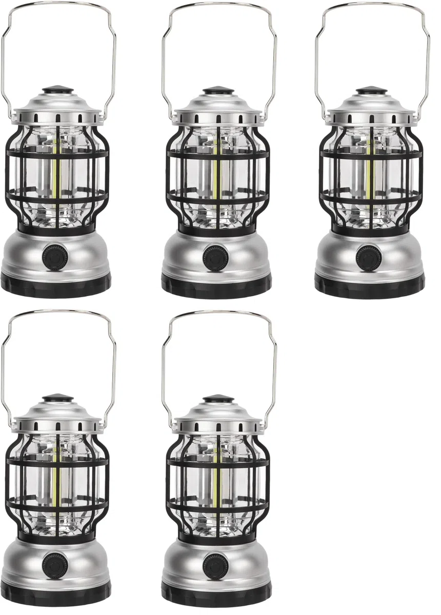 5 Pezzi Lanterna da Campeggio Multifunzione - Ricaricabile Solare e USB, 2 Modalità di Illuminazione - CW976-5PZ (Argento)