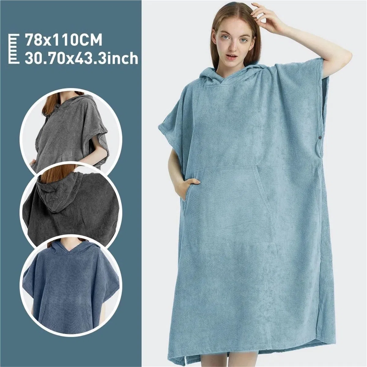 Poncho da spiaggia con asciugamano, ad asciugatura rapida, cappuccio, accappatoio, bagno, poncho for adulti per Spiaggia e Sport Acquatici(Black)