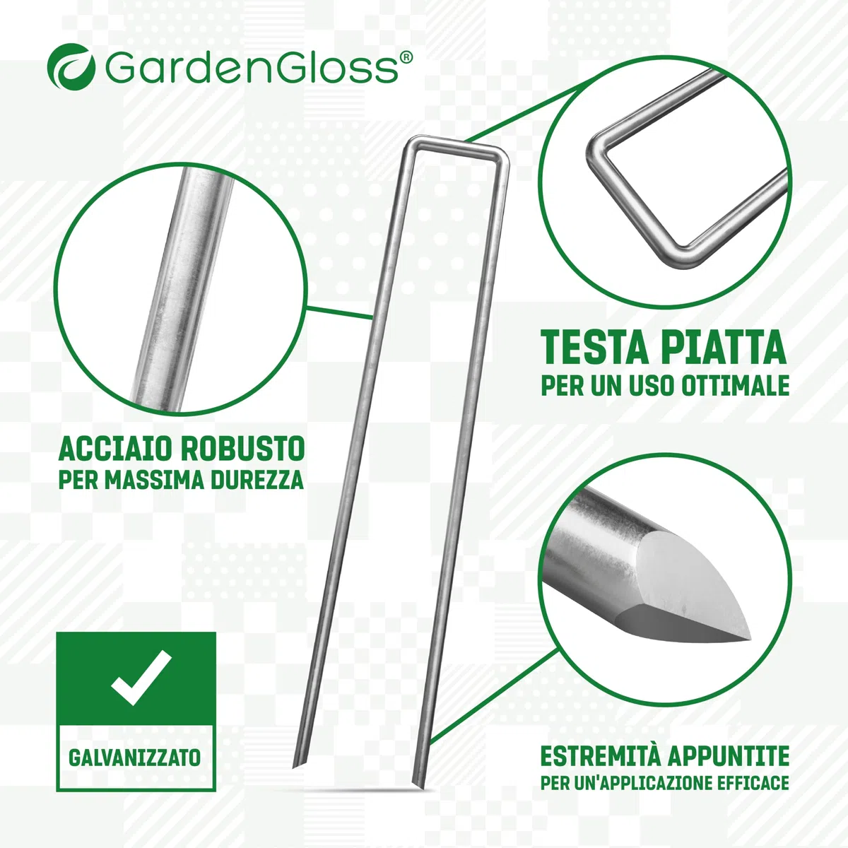 GardenGloss Picchetti in Acciaio Zincato per Terreni Estremamenti Duri - 200 mm di lunghezza, 25 mm di larghezza, Ø 3.8 mm (250 pezzi)