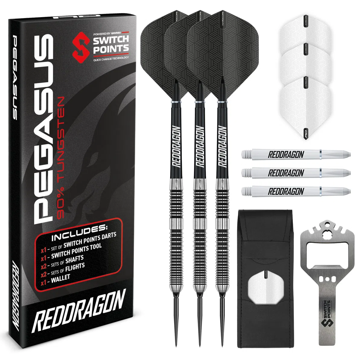 RED DRAGON Pegasus Switch Point – Powered by Winmau Darts | Punta in acciaio da 24 g | Set di freccette professionali all'80% in tungsteno | Esclusivo set di freccette Amazon con custodia