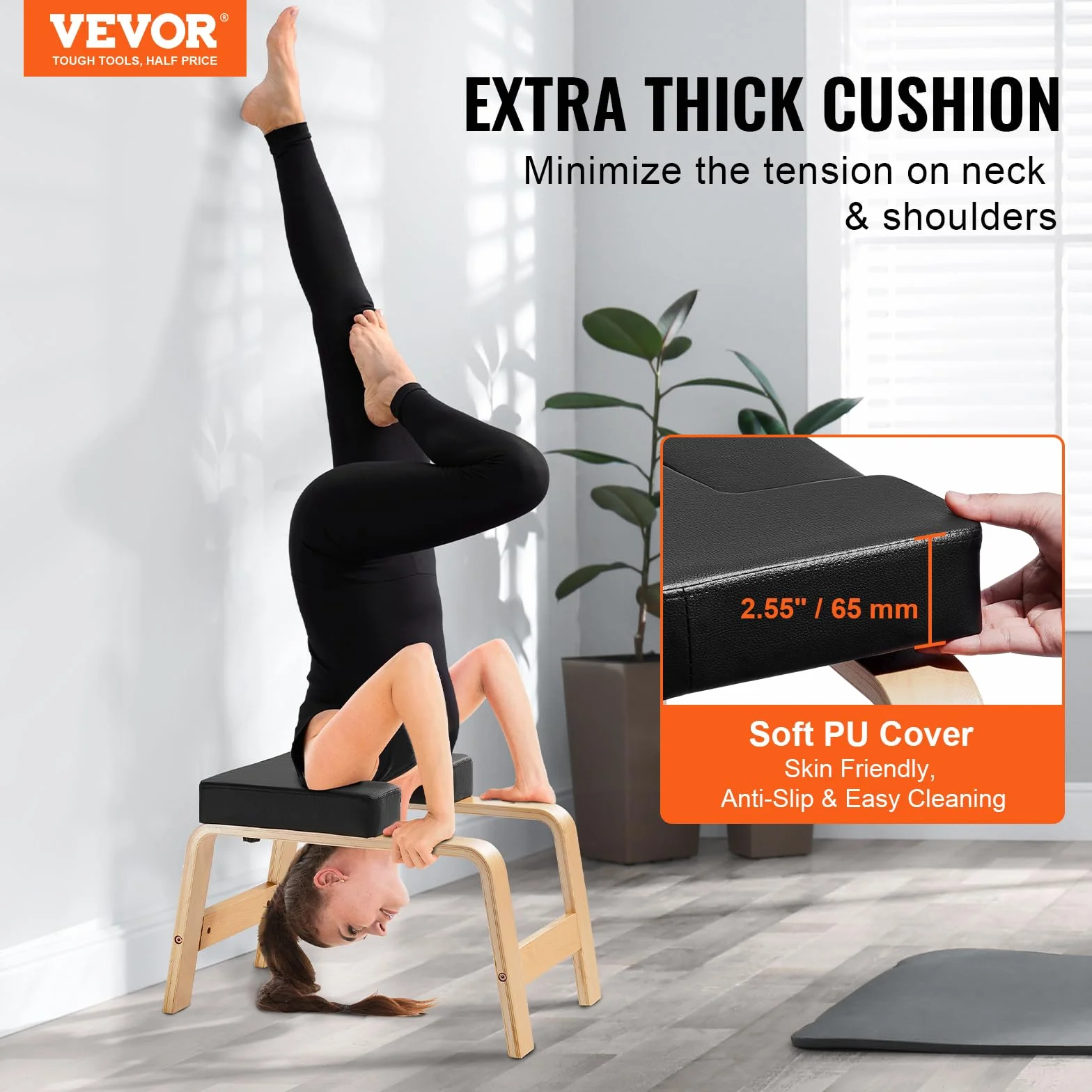 VEVOR Panca per Verticale Yoga Capacità di 136 kg Sedia da Yoga per Inversione per Palestra di Famiglia, Struttura in Legno, Cuscinetto in PU, per Allenamento di Forza Equilibrio, Allevia Fatica, Nero