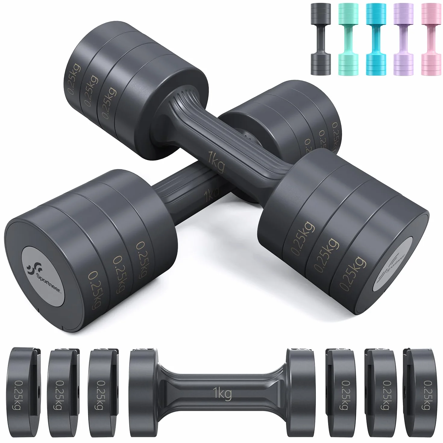 Sportneer Set di manubri regolabili: set di manubri da donna da 1 a 2,5 kg, 4 in 1, set di 2 manubri regolabili per palestra a casa, fitness, allenamento della forza, regalo