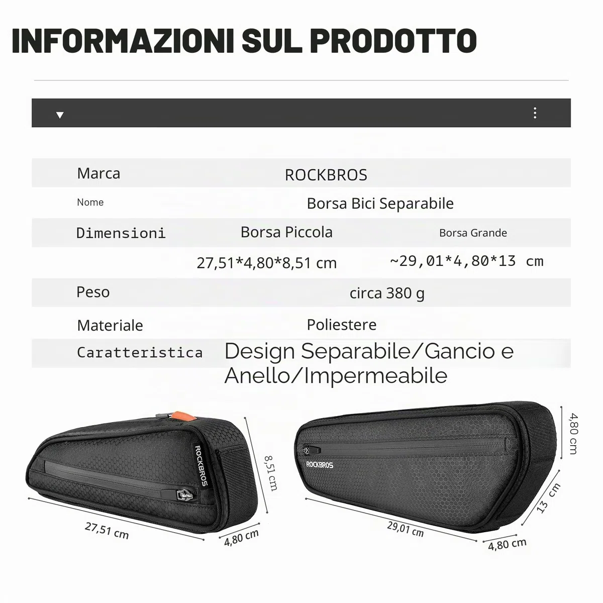 ROCKBROS Borsa Bici da Telaio, Borsa Tubo Centrale per Bicicletta MTB Impermeabile, Grande Capacità ca. 2.5L, 2 in 1 Design Divisibile Multifunzionale, Accessori Bici