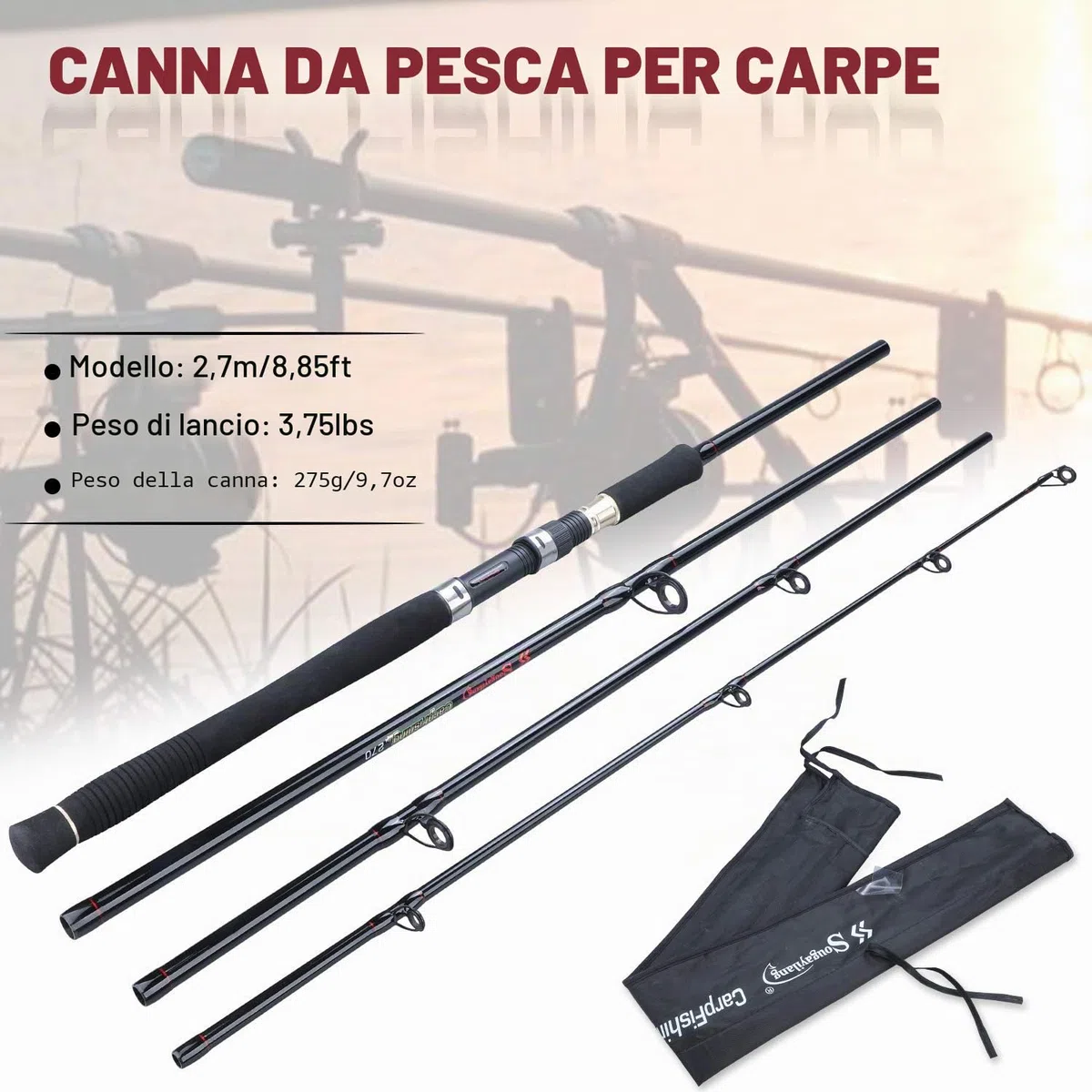 Sougayilang Canna da pesca alla carpa, canna da pesca in fibra di carbonio super dura, 4/5 sezioni, canna da pesca portatile con comoda impugnatura Eva per acqua salata o dolce