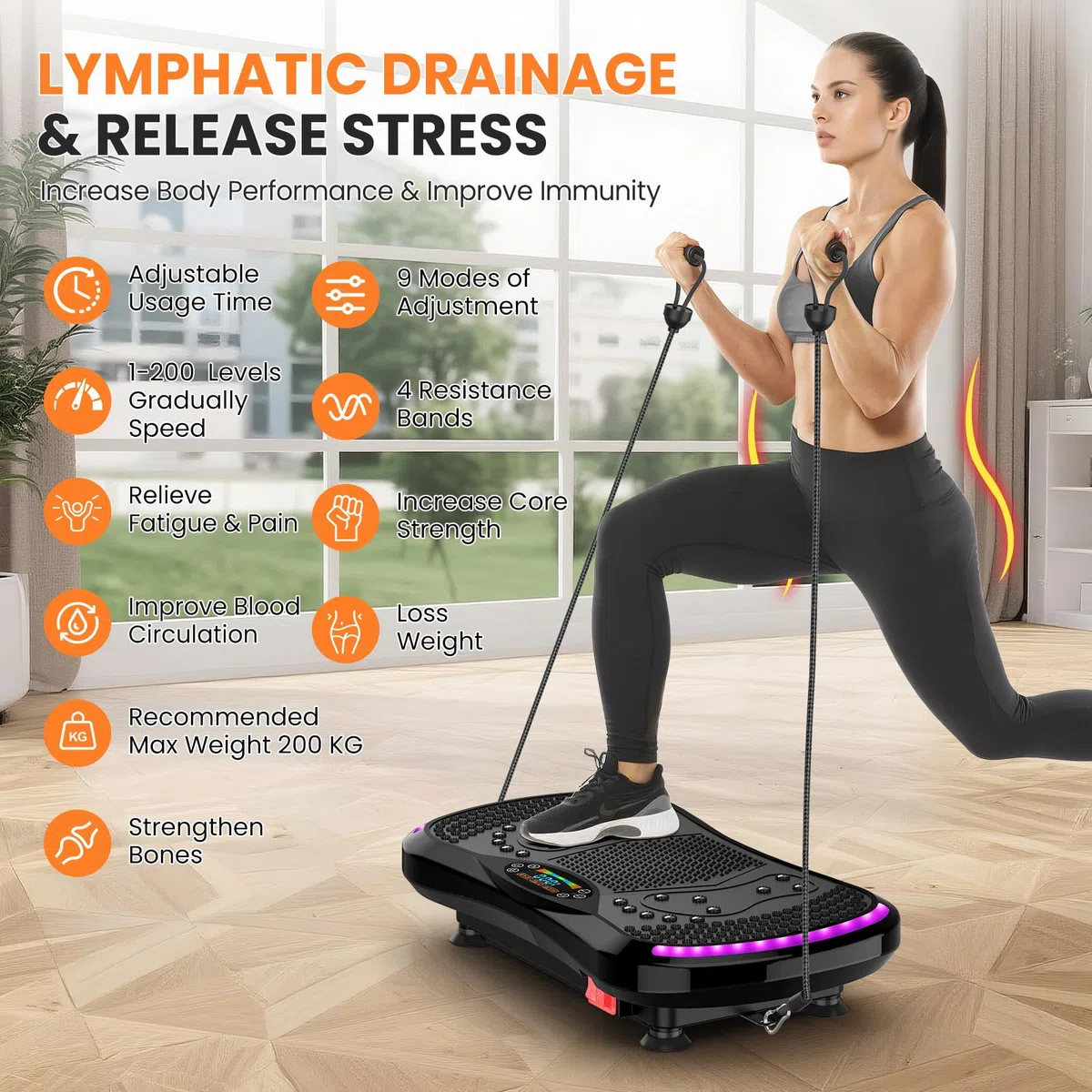 Pedana Vibrante Dimagrante Vibration Plate con 200 Livelli, 9 Programmi, Bluetooth, a Basso Rumore Fino a 200 kg per Circolazione Gambe, Ritenzione Idrica e Drenaggio Linfatico