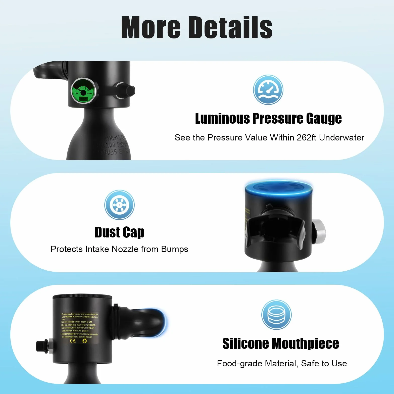 Mini bottiglia per immersioni da 0,5 l, con manometro e valvola di respirazione, in alluminio, 3000 psi, per immersioni, snorkeling