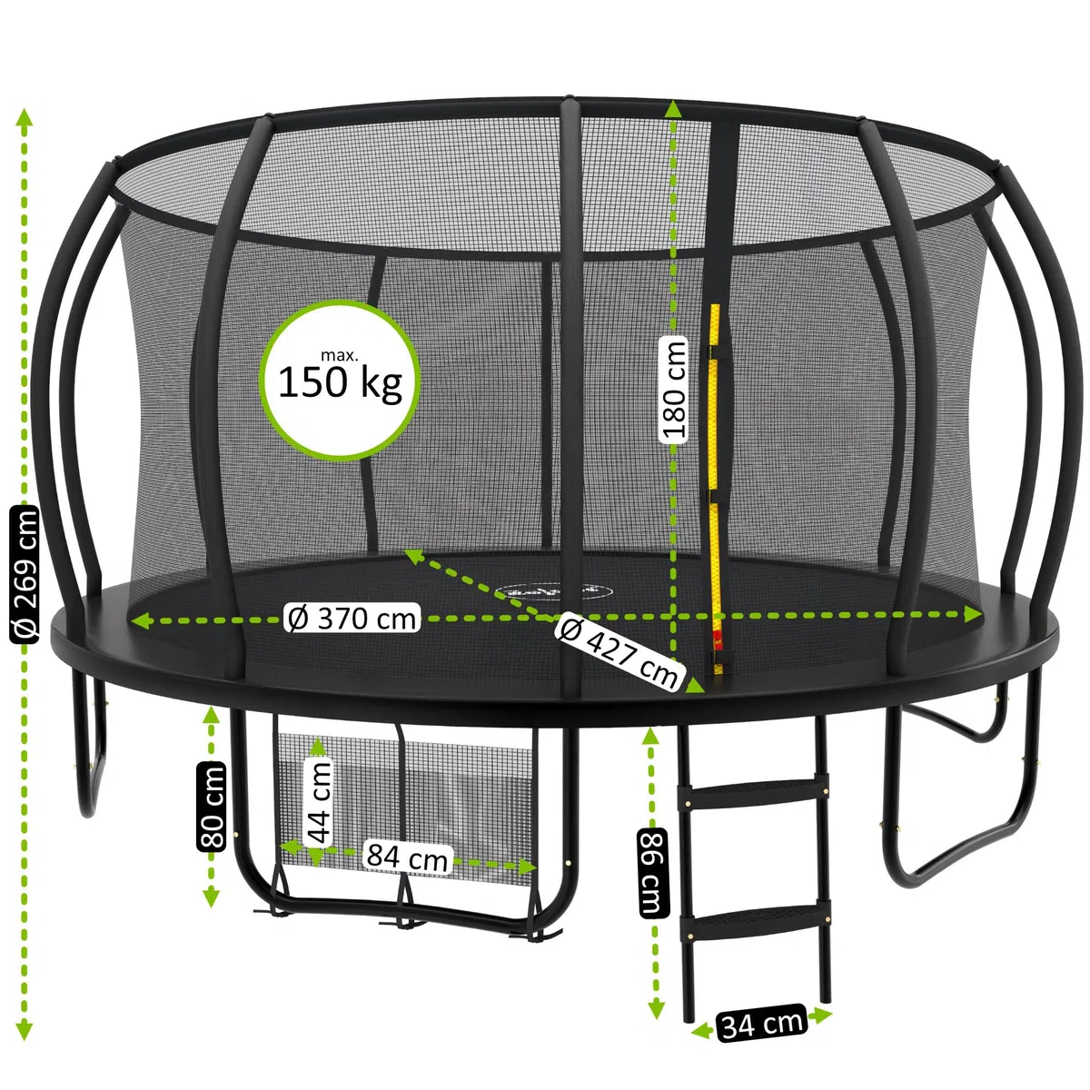 Zelsius Trampolino elastico nero, diametro 427 cm, per uso esterno, per massimo 150 kg, con rete di sicurezza, scala e borsa per scarpe, per sport e tempo libero