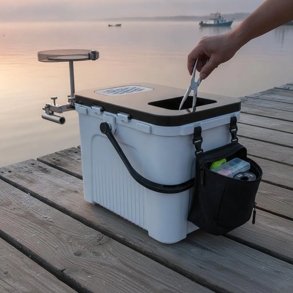 Secchio per pescatori con sedile porta attrezzatura, secchiello