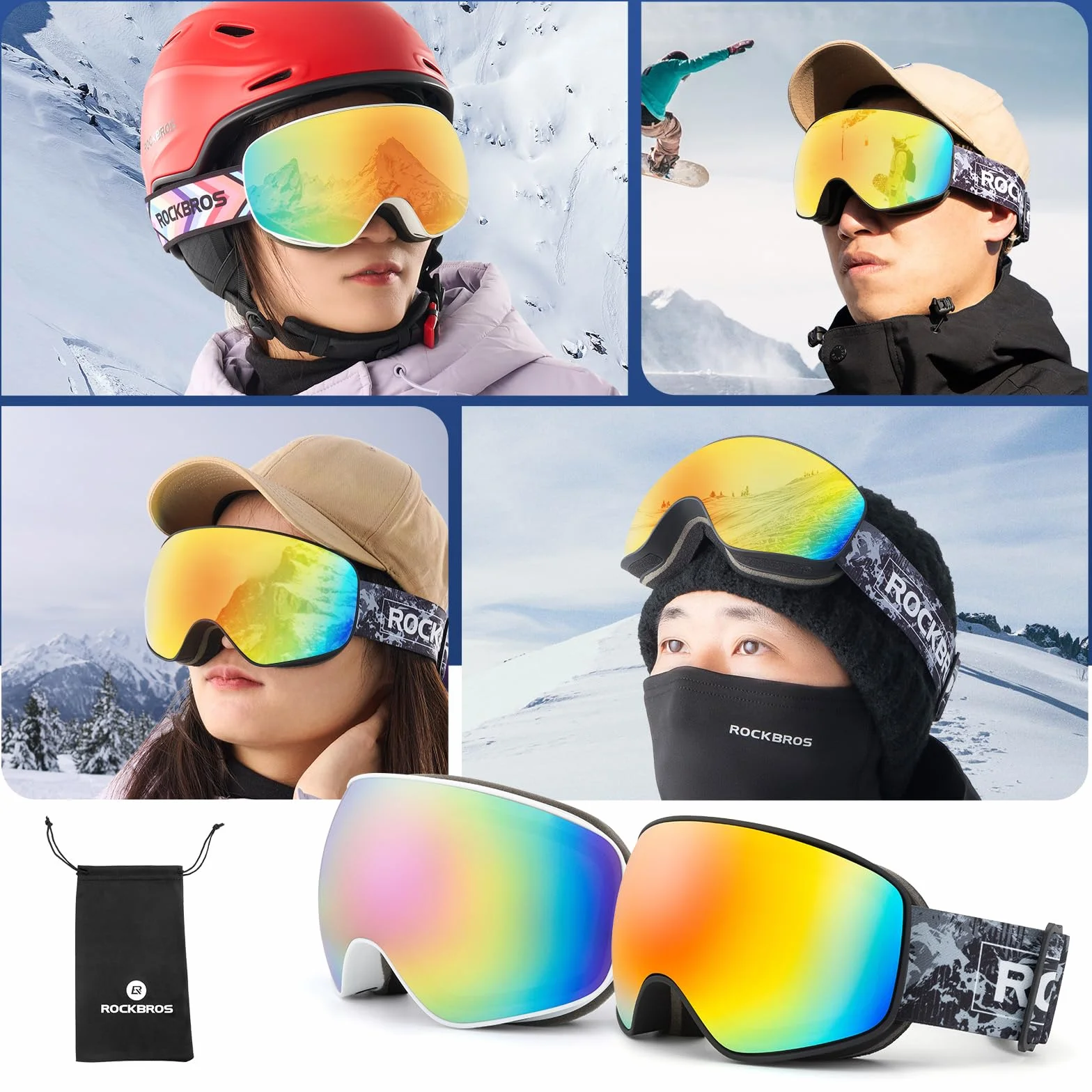 ROCKBROS Maschera da Sci Adulto e Bambini, Ski Goggles per Sci Snowboard, Occhiali per Sciare, Anti-UV, Antiappannamento Antivento, Lenti rivestite, Uomo Donna