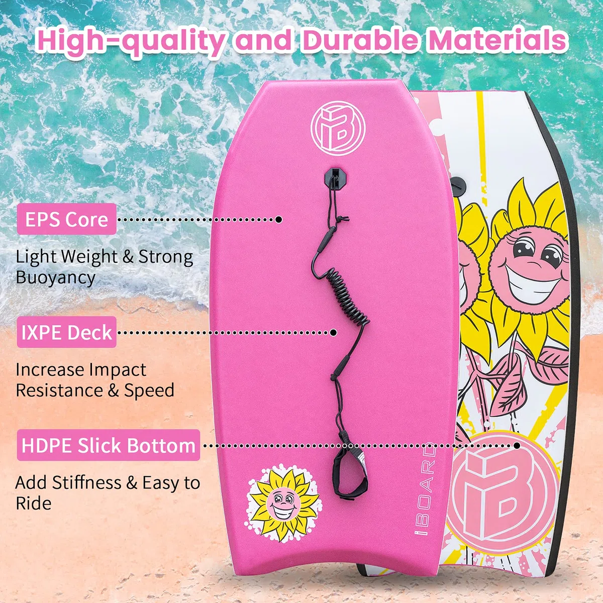 Bodyboard leggero da 94 cm con nucleo in EPS, guinzaglio di alta qualità e cinturino da polso per surf per adulti e adolescenti