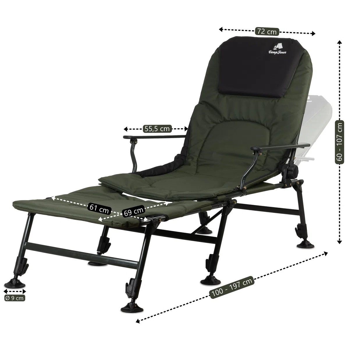 CampFeuer Sedia da Pesca 2 in 1 Verde Oliva | Sedia da Campeggio Regolabile in Altezza | Sedia da Carpa Pieghevole con poggiapiedi | Outdoor Travelchair per Campeggio, Tenda, Pesca
