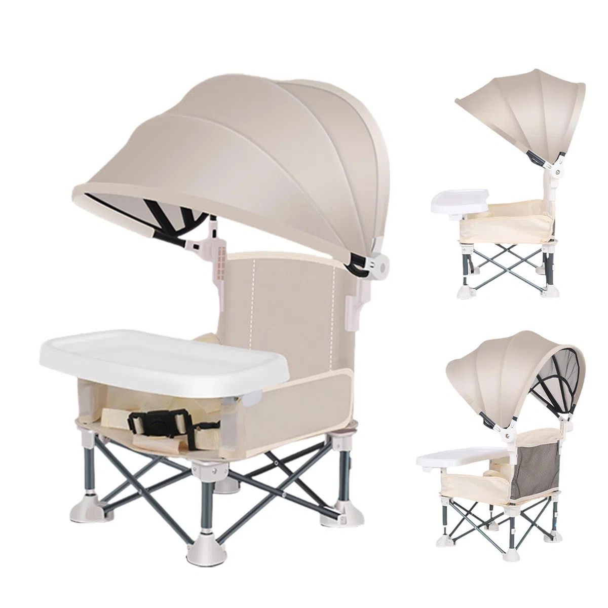 Seggiolino portatile da viaggio per bambini, con vassoio per mangiare, pieghevole, con tettuccio parasole, per casa, picnic, viaggi, prato, campeggio, spiaggia