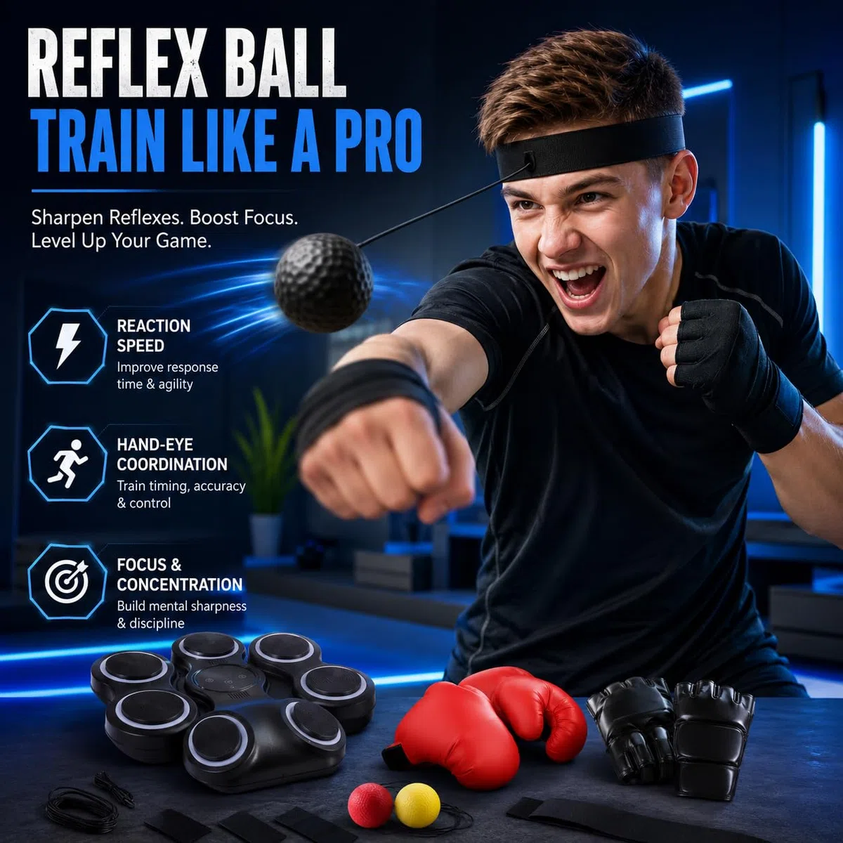 Music Boxing Machine con musica, palla riflettente e 2 guanti da boxe | Per bambini e adulti, 11 modalità, display LED, 9 velocità, ricarica USB, per casa e palestra, allenamento boxe