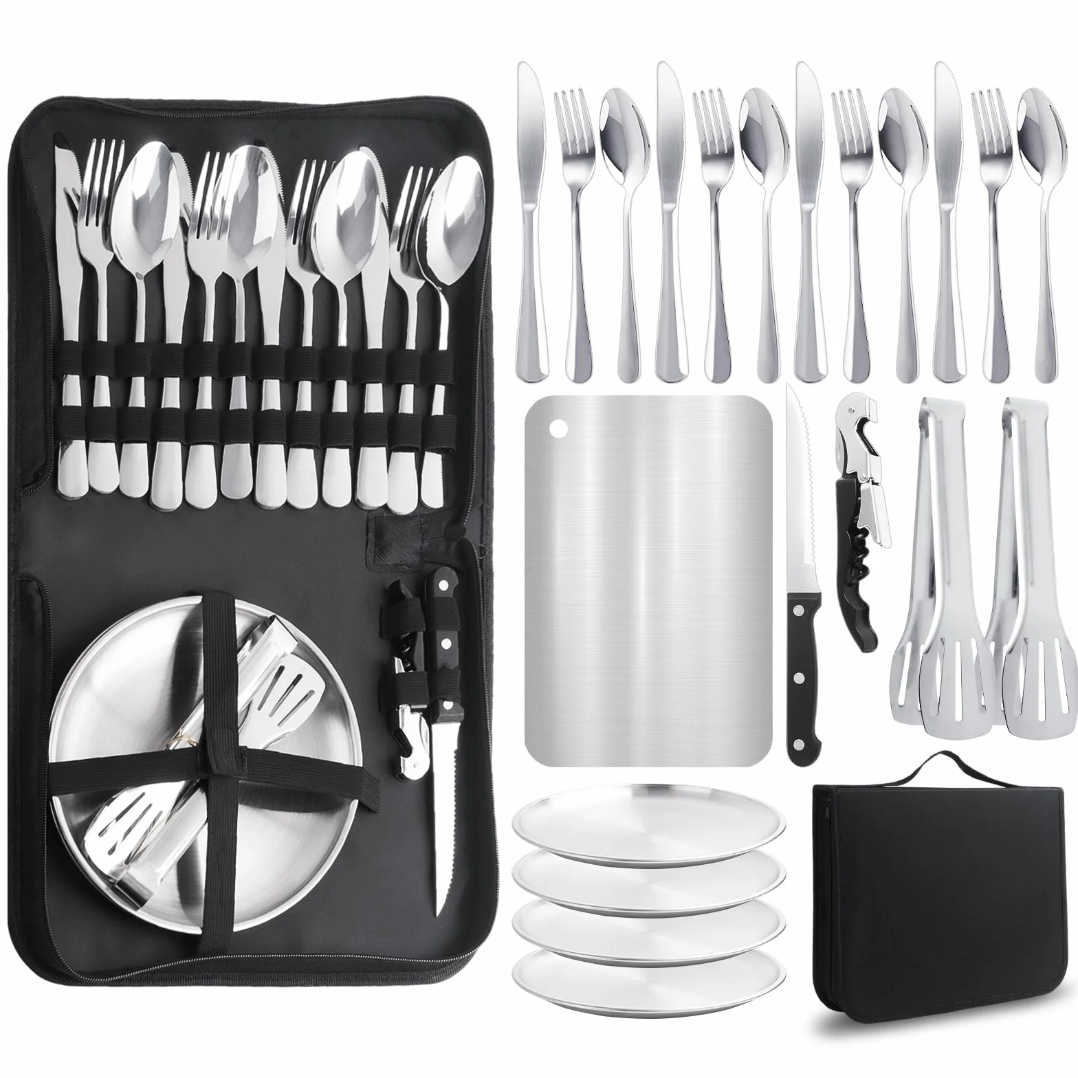 Set di stoviglie da campeggio per 4 persone, 22 posate da campeggio portatili, posate da campeggio con cucchiaio, forchetta, coltello, clip piatto in acciaio inox 304, portaposate per picnic, viaggi