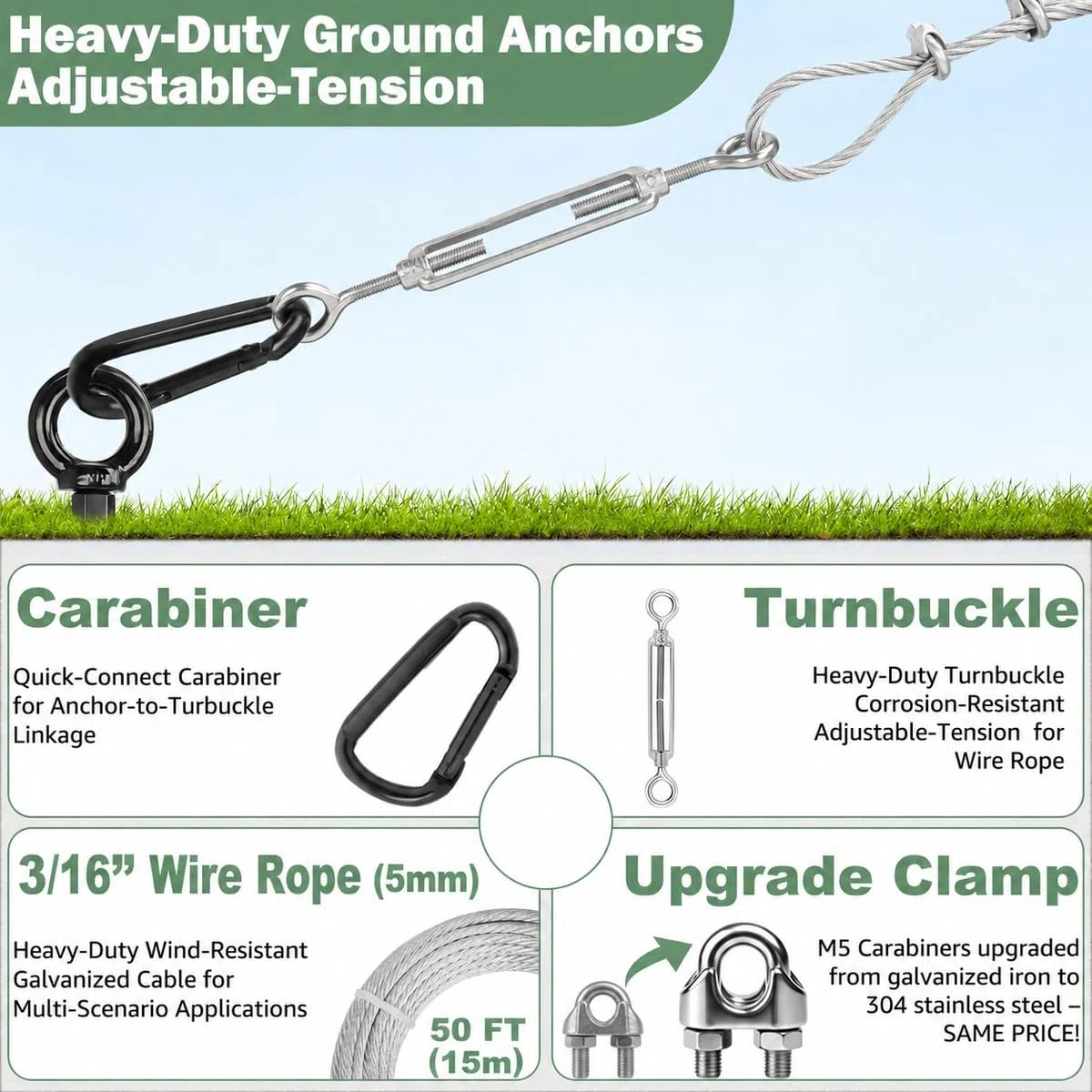 Tinnmao Kit di ancoraggio a terra da 76 cm, resistente, con cavo zincato e tenditori, ancoraggio a vite per capannoni, altalene, case mobili, trampolini