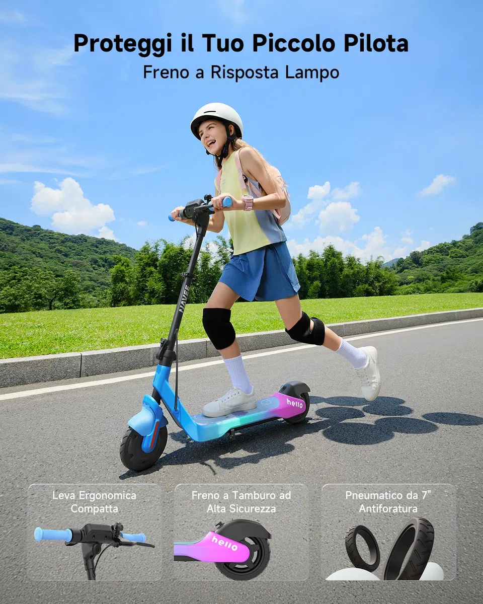 NAVEE K100 Serie Monopattino Elettrico Bambini, Controllo Parentale via APP, Autonomia 14-24 km, Velocità 16 km/h, Luci Ambientali, Pneumatici 7", 3 Altezze Regolabili, 6-14 Anni