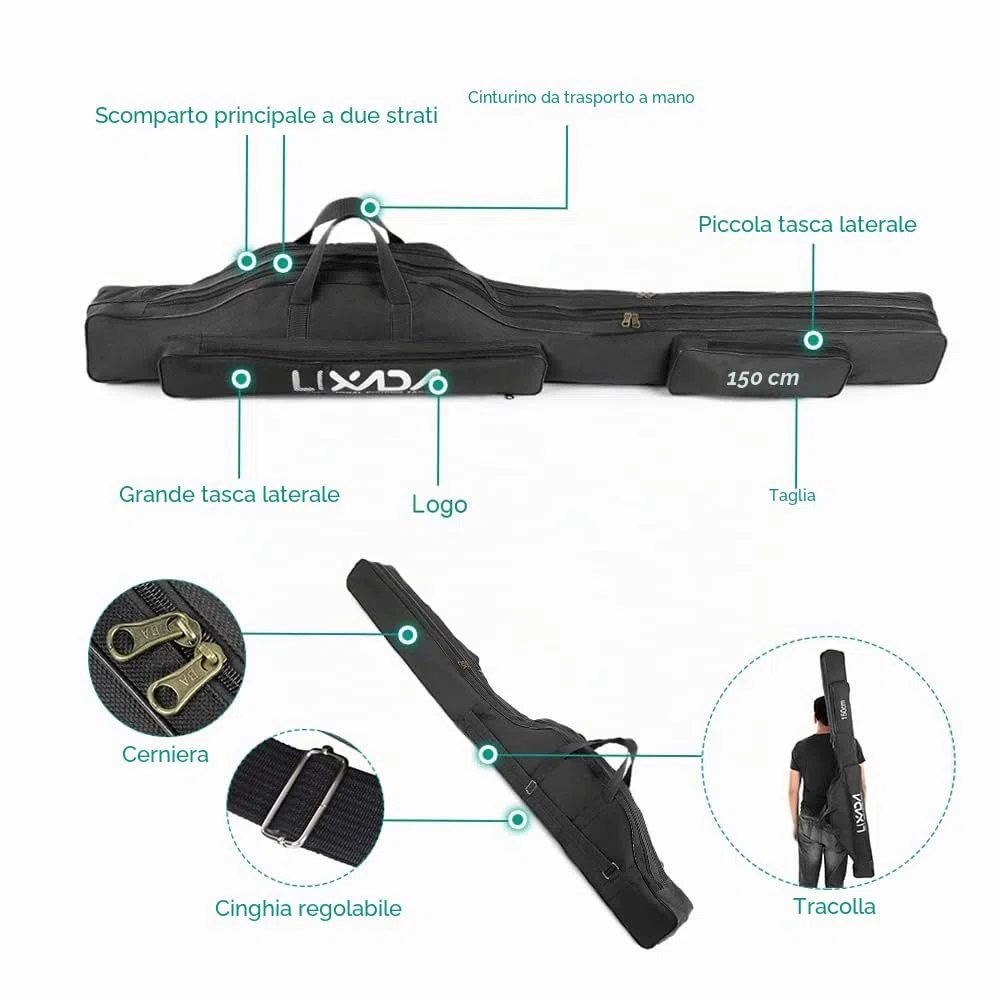 Borsa da pesca, 170 cm, portatile, pieghevole, per canna da pesca, attrezzatura da pesca, borsa da viaggio, organizer